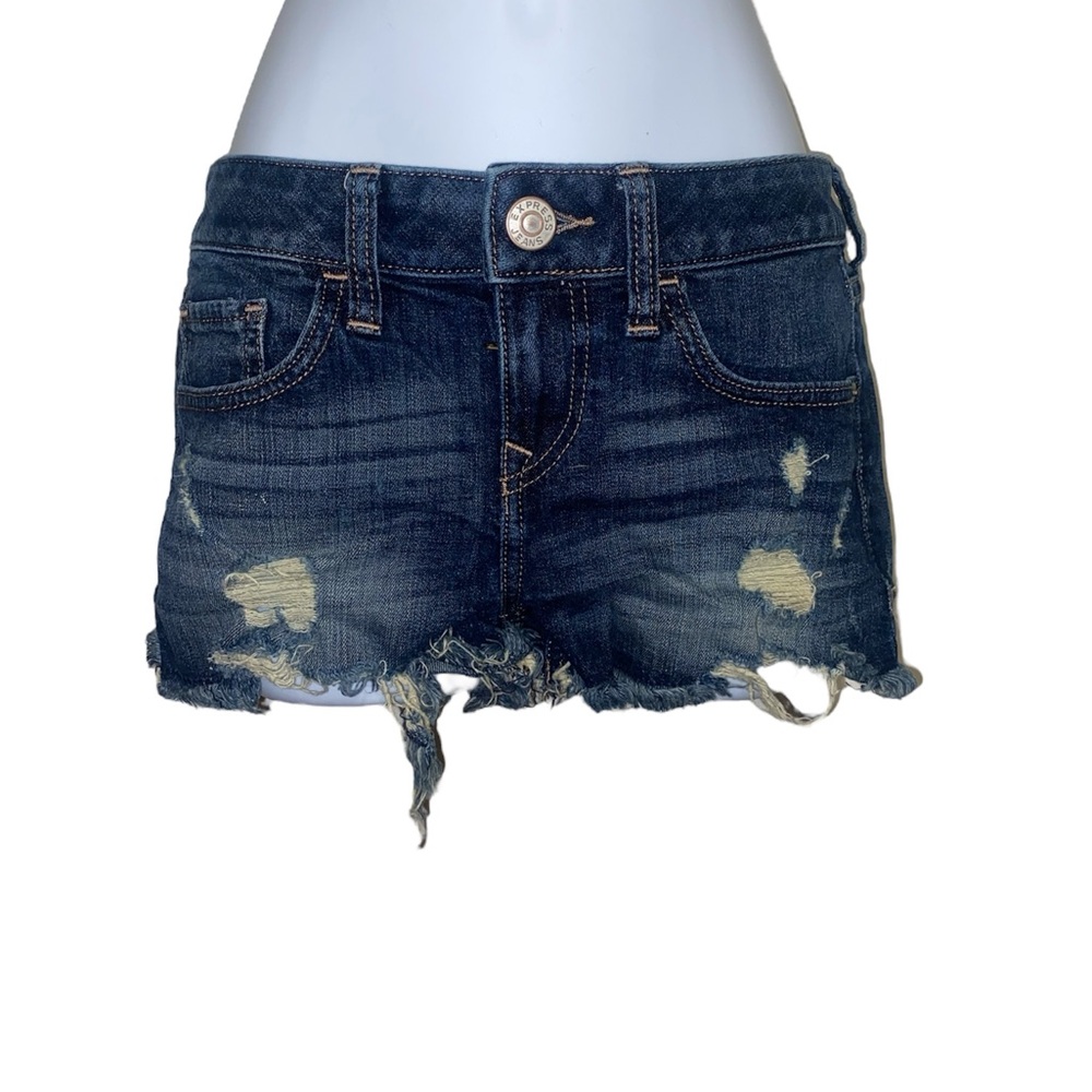 y2k style dark wash low rise micro mini distressed denim shorts